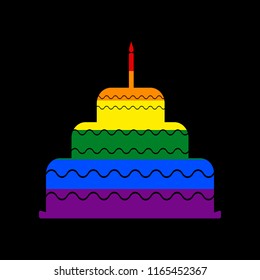 Cake with candle sign. Vector. Icon with colors of LGBT flag at black background.