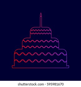 Cake with candle sign. Vector. Line icon with gradient from red to violet colors on dark blue background.