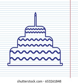 Cake with candle sign. Vector. Navy line icon on notebook paper as background with red line for field.