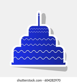 Cake with candle sign. Vector. New year bluish icon with outside stroke and gray shadow on light gray background.