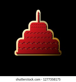 Cake with candle sign. Vector. Red icon with small black and limitless shadows at golden sticker on black background.