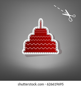 Cake with candle sign. Vector. Red icon with for applique from paper with shadow on gray background with scissors.