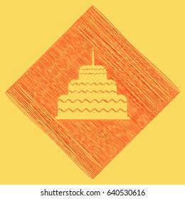Cake with candle sign. Vector. Red scribble icon obtained as a result of subtraction rhomb and path. Royal yellow background.