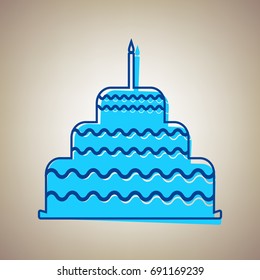 Cake with candle sign. Vector. Sky blue icon with defected blue contour on beige background.