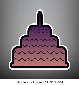 Cake with candle sign. Vector. Violet gradient icon with black and white linear edges at gray background.