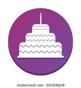 Cake with candle sign. Vector. White icon with flat shadow on purpureus circle at white background. Isolated.