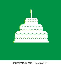 Cake with candle sign. Vector. White flat icon with yellow striped shadow at green background.