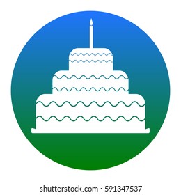 Cake with candle sign. Vector. White icon in bluish circle on white background. Isolated.