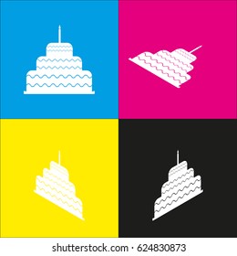Cake with candle sign. Vector. White icon with isometric projections on cyan, magenta, yellow and black backgrounds.