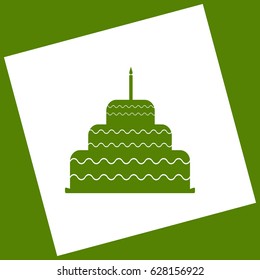 Cake with candle sign. Vector. White icon obtained as a result of subtraction rotated square and path. Avocado background.