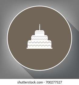 Cake with candle sign. Vector. White icon on brown circle with white contour and long shadow at gray background. Like top view on postament.