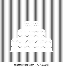 Cake with candle sign. Vector. White icon on grayish striped background. Optical illusion.