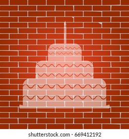 Cake with candle sign. Vector. Whitish icon on brick wall as background.