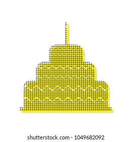 Cake with candle sign. Vector. Yellow icon with square pattern duplicate at white background. Isolated.