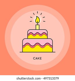 Cake with candle thin line icon. party and celebration vector illustration