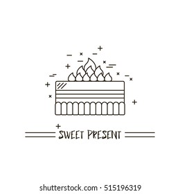 Cake with candle vector icon line isolated. Sweet dessert illustration. Happy birthday wedding party celebration food silhouette. Bakery, cafe, restaurant design element. Chocolate cream.