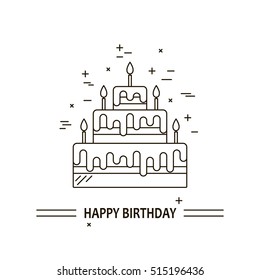 Cake with candle vector icon line isolated. Sweet dessert illustration. Happy birthday wedding party celebration food silhouette. Bakery, cafe, restaurant design element. Chocolate cream.