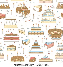 Cake with candle vector icon line seamless pattern. Sweet dessert illustration. Happy birthday wedding party celebration food silhouette. Bakery cafe restaurant design elements. Chocolate cream slice