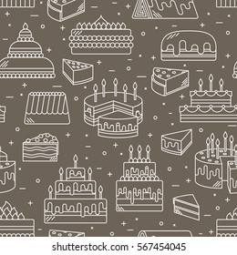 Cake with candle vector icon line seamless pattern. Sweet dessert illustration. Happy birthday wedding party celebration food silhouette. Bakery cafe restaurant design elements. Chocolate cream slice