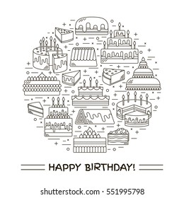 Cake with candle vector icons line set isolated. Sweet dessert illustration. Happy birthday wedding party celebration food collection. Bakery, cafe, restaurant design elements. Chocolate cream slice.