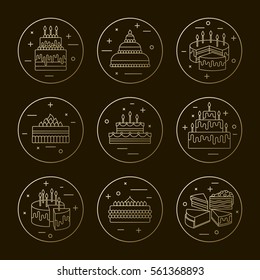 Cake with candle vector icons line set isolated. Sweet dessert illustration. Happy birthday wedding party celebration food collection. Bakery, cafe, restaurant design elements. Chocolate cream slice
