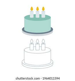 Cake with candles. Birthday cake with burned candles flat and outline isometric icons. Part of set.