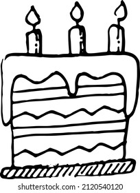 Cake with candles. Black and white doodle illustration. Vector illustration.