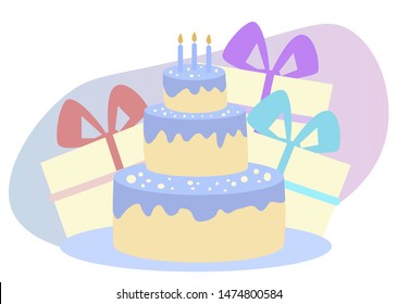 Cake with Candles and Color Gift Boxes on White Background. Birthday Party. Family Celebration. Vector Illustration. Make Gifts. Funny Day. Three-Tiered Yellow Cake with Blue Cream. Birthday Party.