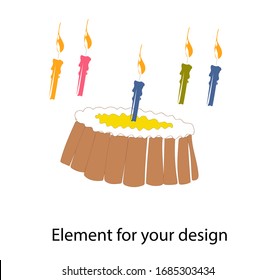 Pastel y velas de diferentes colores. Nombre día. Cumpleaños. Ilustración vectorial aislada en fondo blanco.