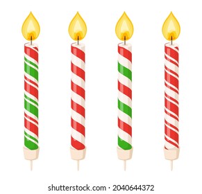Cake candles with fire flame and red and green spiral strips. Small wax sticks with burning wick for traditional winter decoration. Vector cartoon set of candles for holiday party or Christmas decor