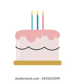 Cake with candles. Flat cartoon vector illustration isolated on white background. For birthday, party, card, printing.