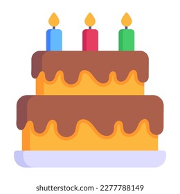 Pastel con velas en diseño de icono plano 