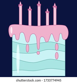 Cake with candles flat icon isolated on dark background. Cute design in pastel colors for stickers, labels, gift wrapping paper, bakery, wedding invitations, cake studio. Beautiful sweet cake.