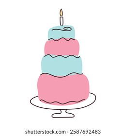 Cake with candles in flat style. Cupcake piece with hand drawn lines. Slice sweet desserts for birthday, invitation, jubilee, poster, weeding. Cute isolated vector illustration on white background.
