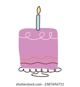 Cake with candles in flat style. Cupcake piece with hand drawn lines. Slice sweet desserts for birthday, invitation, jubilee, poster, weeding. Cute isolated vector illustration on white background.
