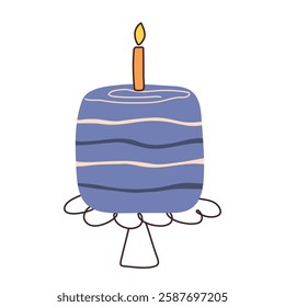 Cake with candles in flat style. Cupcake piece with hand drawn lines. Slice sweet desserts for birthday, invitation, jubilee, poster, weeding. Cute isolated vector illustration on white background.
