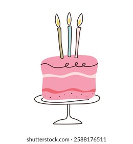 Cake with candles in flat style. Cupcake piece with hand drawn lines. Slice sweet desserts for birthday, invitation, jubilee, poster, weeding. Cute isolated vector illustration on white background.
