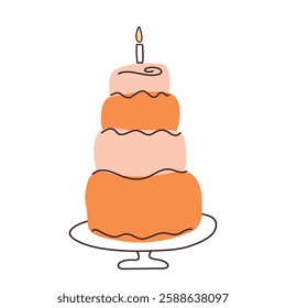 Cake with candles in flat style. Cupcake piece with hand drawn lines. Slice sweet desserts for birthday, invitation, jubilee, poster, weeding. Cute isolated vector illustration on white background.
