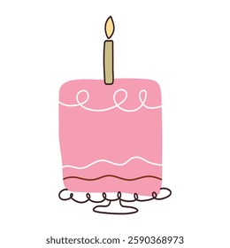 Cake with candles in flat style. Cupcake piece with hand drawn lines. Slice sweet desserts for birthday, invitation, jubilee, poster, weeding. Cute isolated vector illustration on white background.