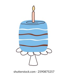 Cake with candles in flat style. Cupcake piece with hand drawn lines. Slice sweet desserts for birthday, invitation, jubilee, poster, weeding. Cute isolated vector illustration on white background.