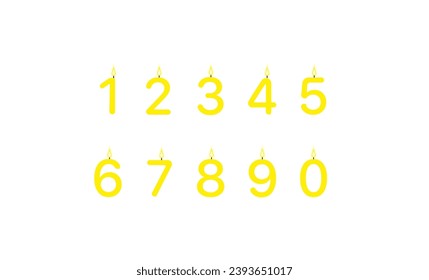 Cake candles. Flat, yellow, 1, 2, 3...10 cake candles, isolated number icons for cake. Vector icons