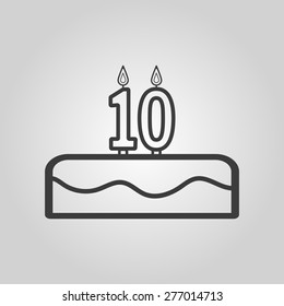 Cake with candles in the form of number 10 icon. birthday symbol. Flat Vector illustration