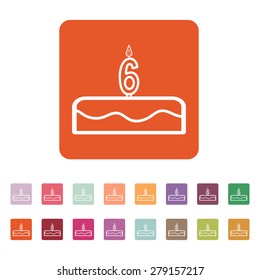 Cake with candles in the form of number 6 icon. birthday symbol. Flat Vector illustration. Button Set