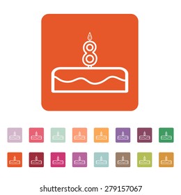Cake with candles in the form of number 8 icon. birthday symbol. Flat Vector illustration. Button Set