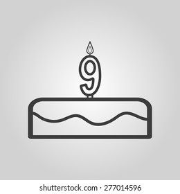 Cake with candles in the form of number 9 icon. birthday symbol. Flat Vector illustration