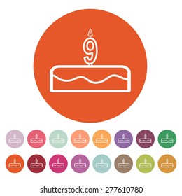 Cake with candles in the form of number 9 icon. birthday symbol. Flat Vector illustration. Button Set