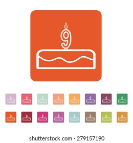 Cake with candles in the form of number 9 icon. birthday symbol. Flat Vector illustration. Button Set