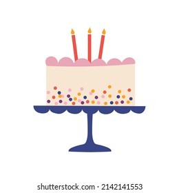 Cake with candles. Hand drawn vector illustration in flat cartoon style. Isolated on white background.