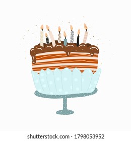 Cake with candles. Happy Birthday , hand-drawn illustration. Anniversary celebration. Vector for design t-shirts typography cards and posters.