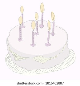 cake with candles isolated on white background. beautiful dessert for children's birthday. design of a greeting card, invitation, pastry chef's business card. fabric design, print for clothes. vector 